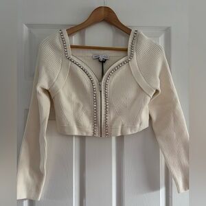 NWT Rebecca Minkoff Cream Crystal Embellished Ribbed Crop Top